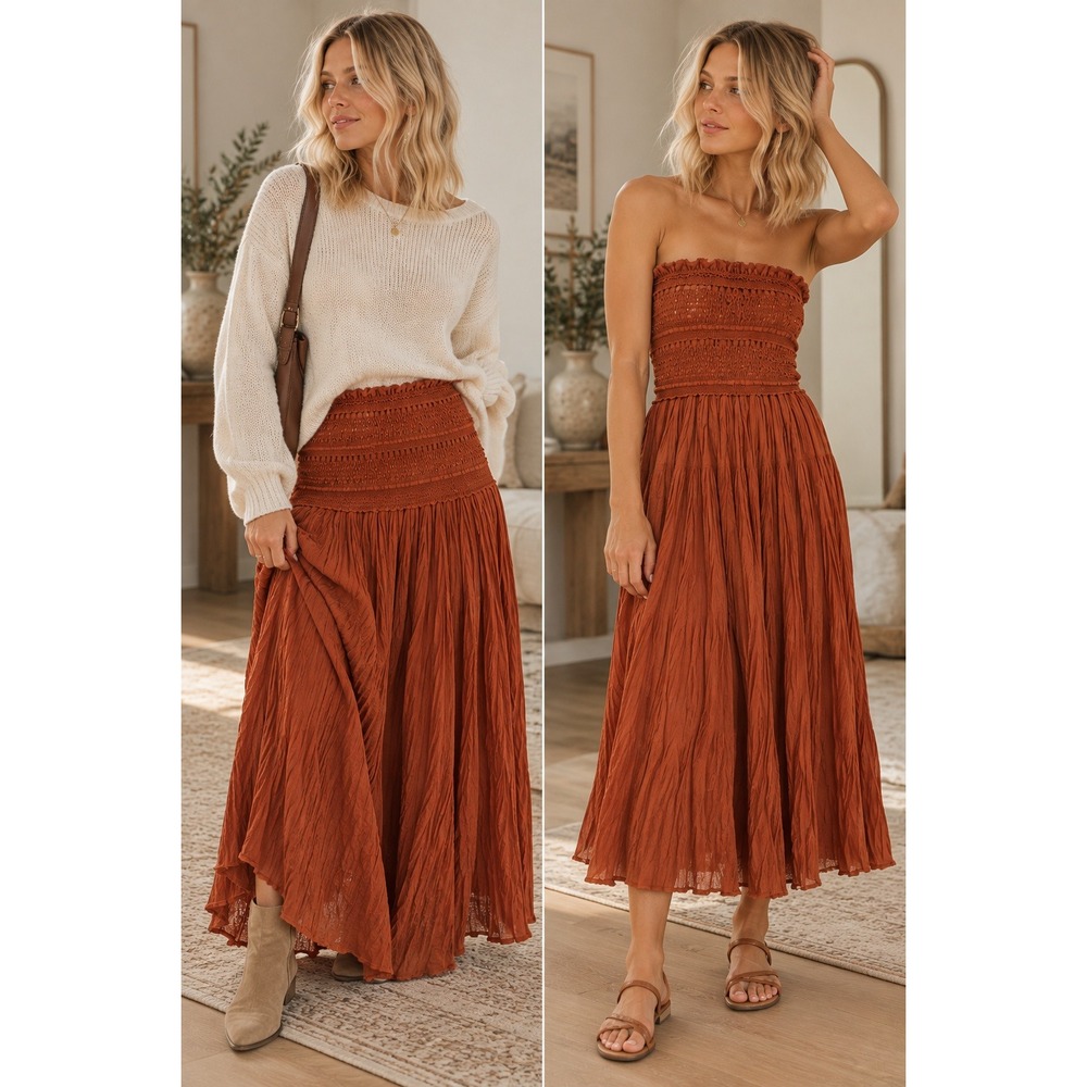 Free People FP One Ravenna Convertible Maxi Skirt Smocked Dress Rust Large